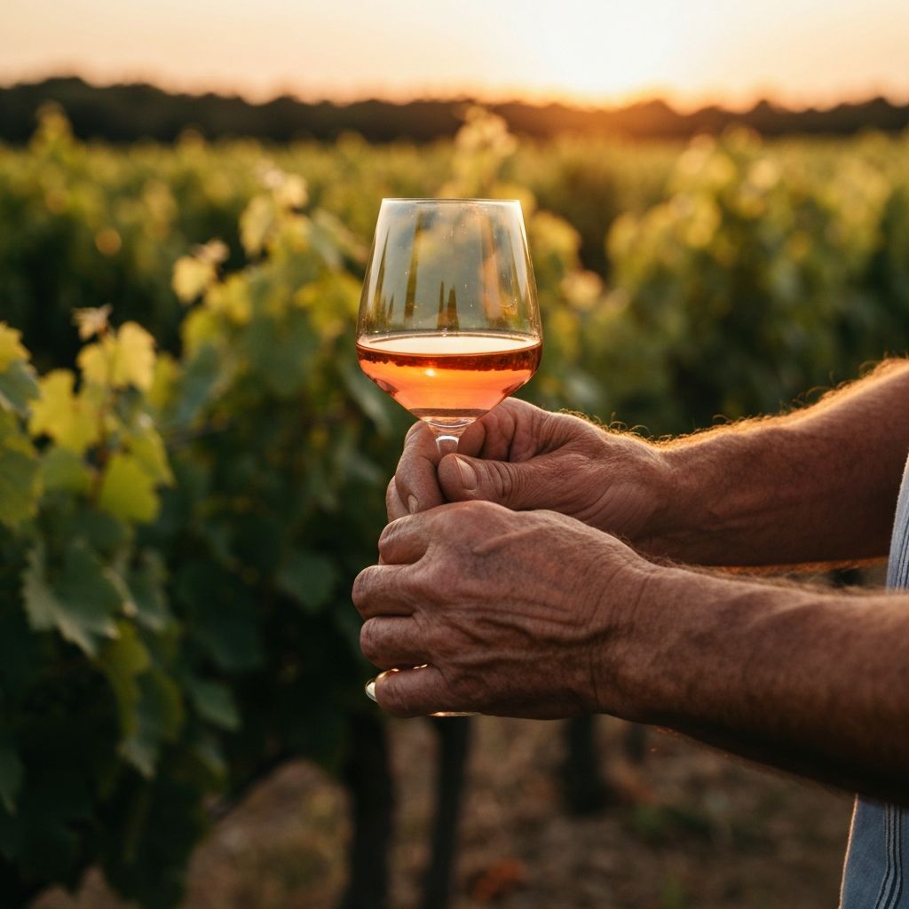 Mains de vigneron tenant un verre de vin rosé